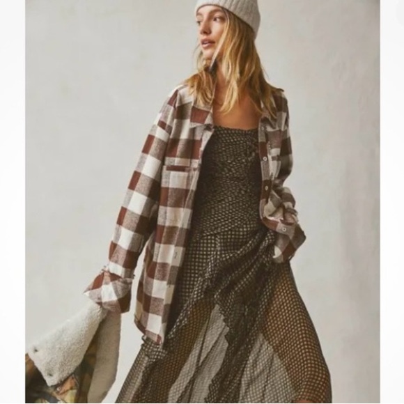 Free People We The Free So Long Summer Oversized Plaid Button Down Brown Plaid - Picture 2 of 5